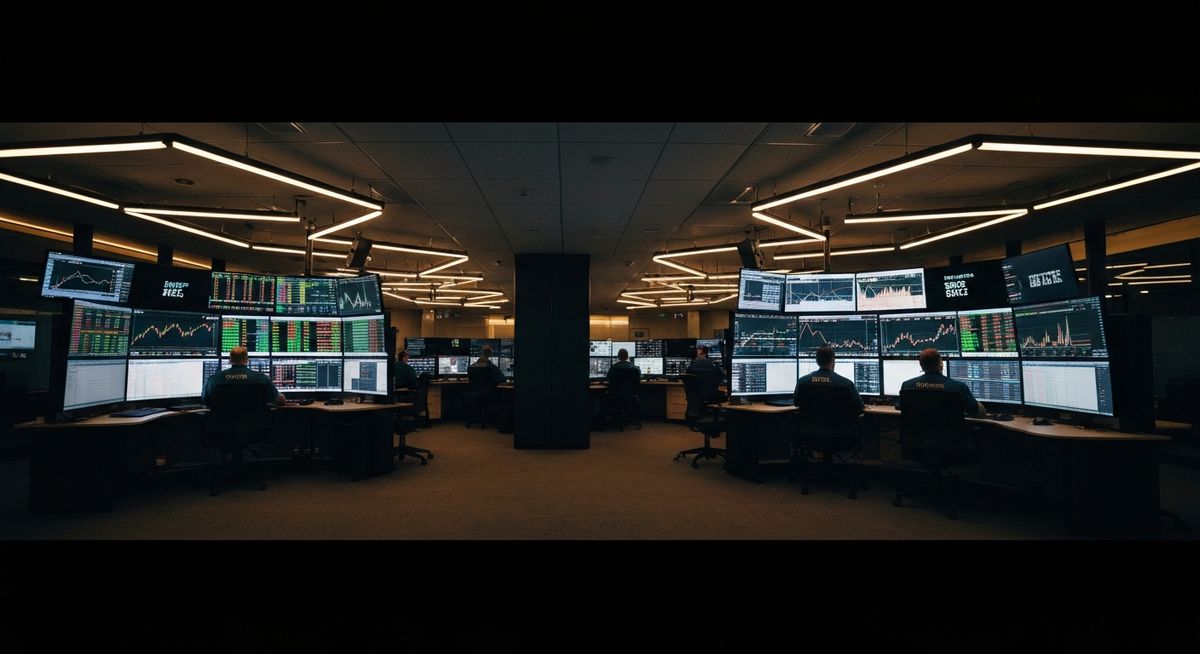 Modern financial trading floor with golden ambient lighting representing payment infrastructure