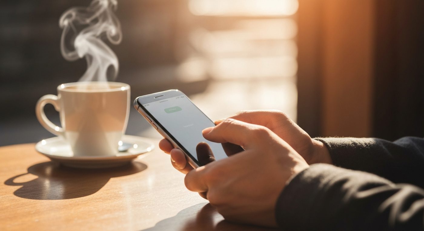 Person using payment app on smartphone in warm sunlit cafe